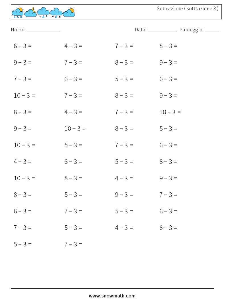 (50) Sottrazione ( sottrazione 3 ) Fogli di lavoro di matematica 6