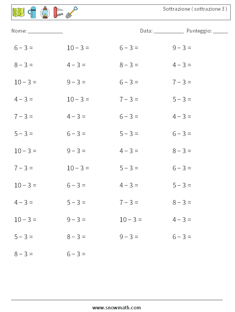 (50) Sottrazione ( sottrazione 3 ) Fogli di lavoro di matematica 7