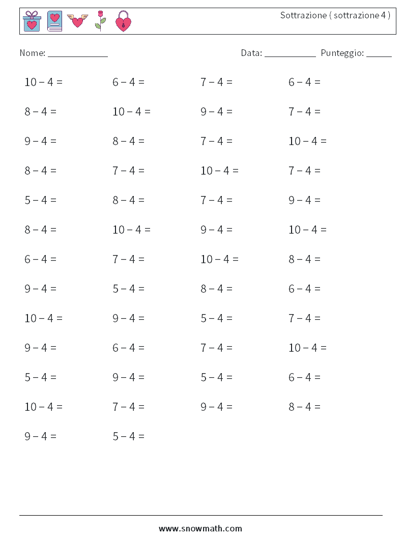 (50) Sottrazione ( sottrazione 4 ) Fogli di lavoro di matematica 1