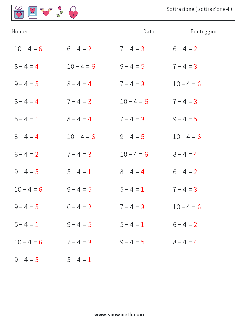 (50) Sottrazione ( sottrazione 4 ) Fogli di lavoro di matematica 1 Domanda, Risposta