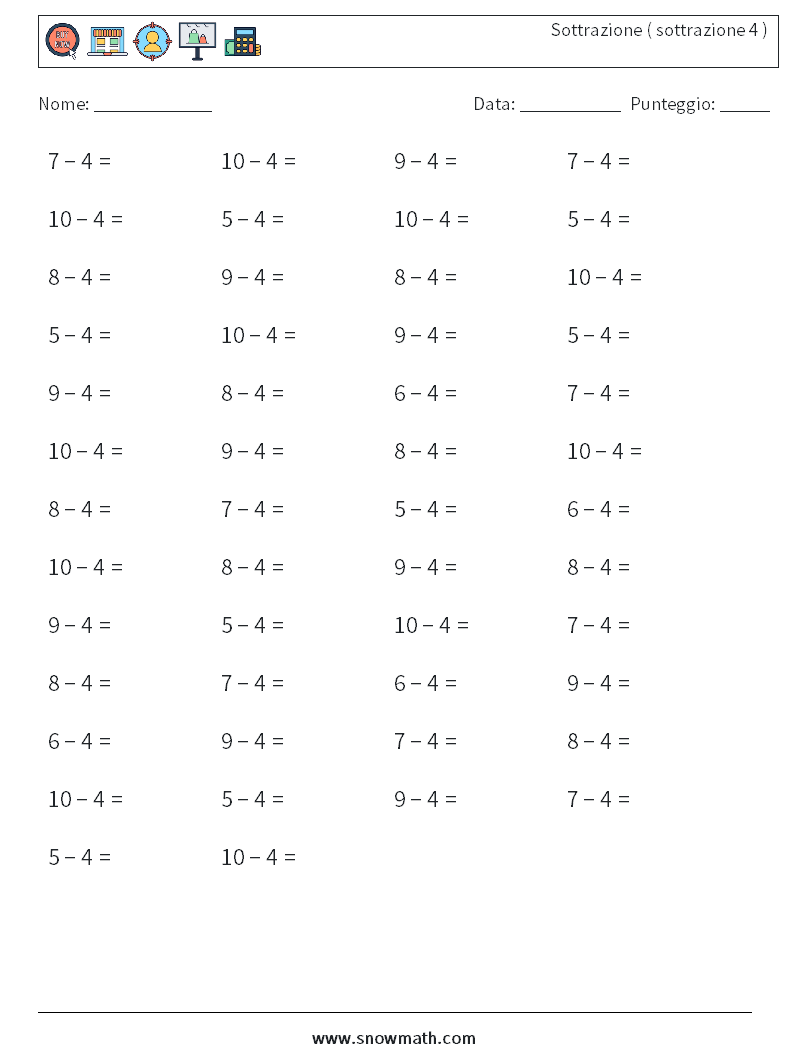 (50) Sottrazione ( sottrazione 4 ) Fogli di lavoro di matematica 2