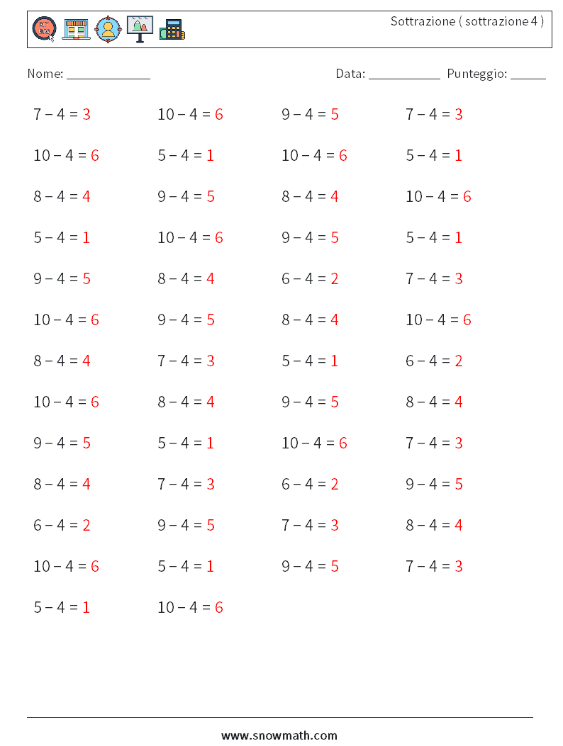 (50) Sottrazione ( sottrazione 4 ) Fogli di lavoro di matematica 2 Domanda, Risposta