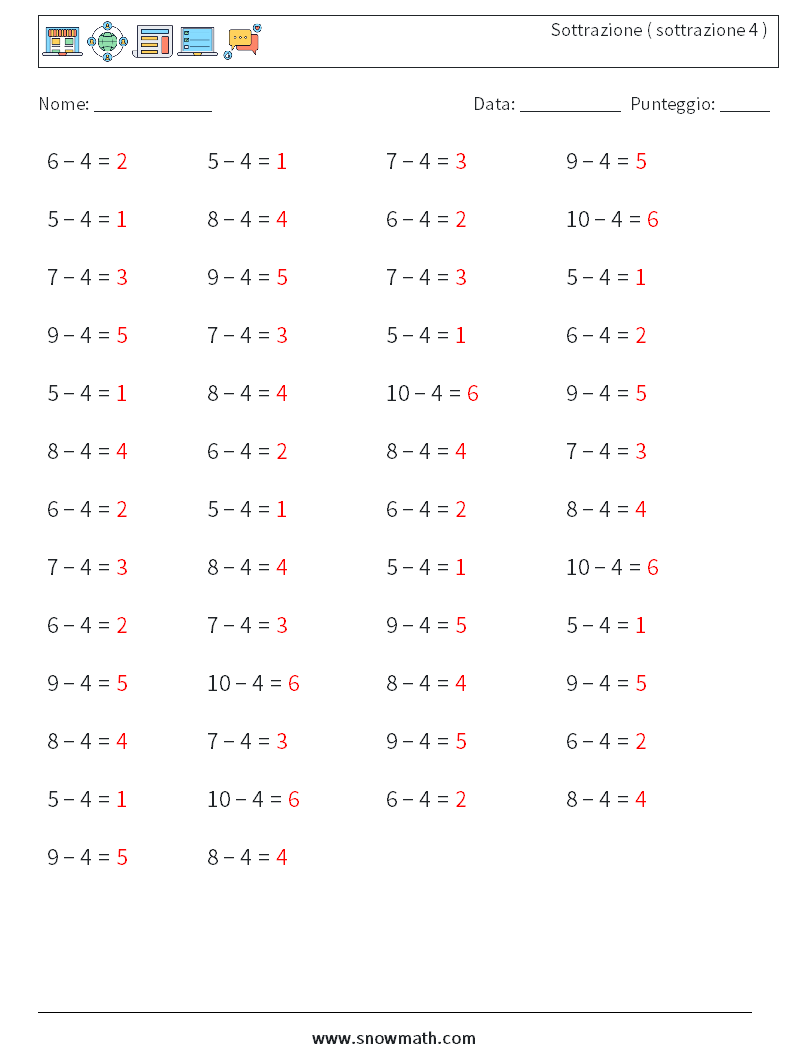 (50) Sottrazione ( sottrazione 4 ) Fogli di lavoro di matematica 3 Domanda, Risposta