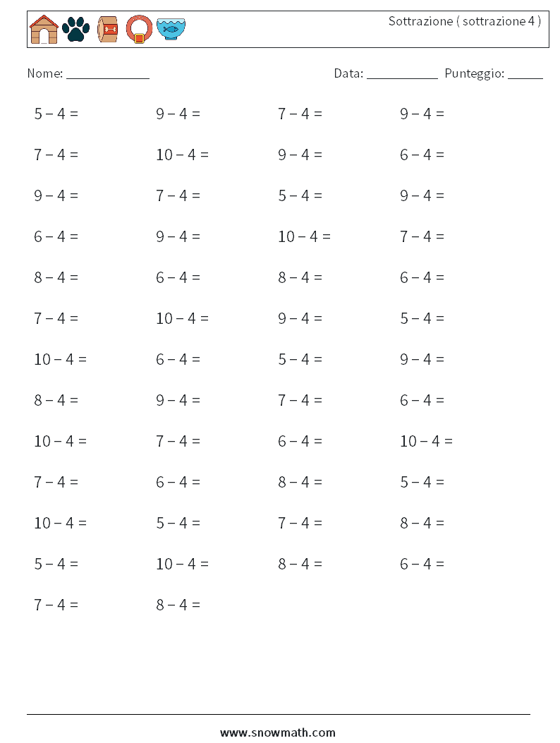 (50) Sottrazione ( sottrazione 4 ) Fogli di lavoro di matematica 4