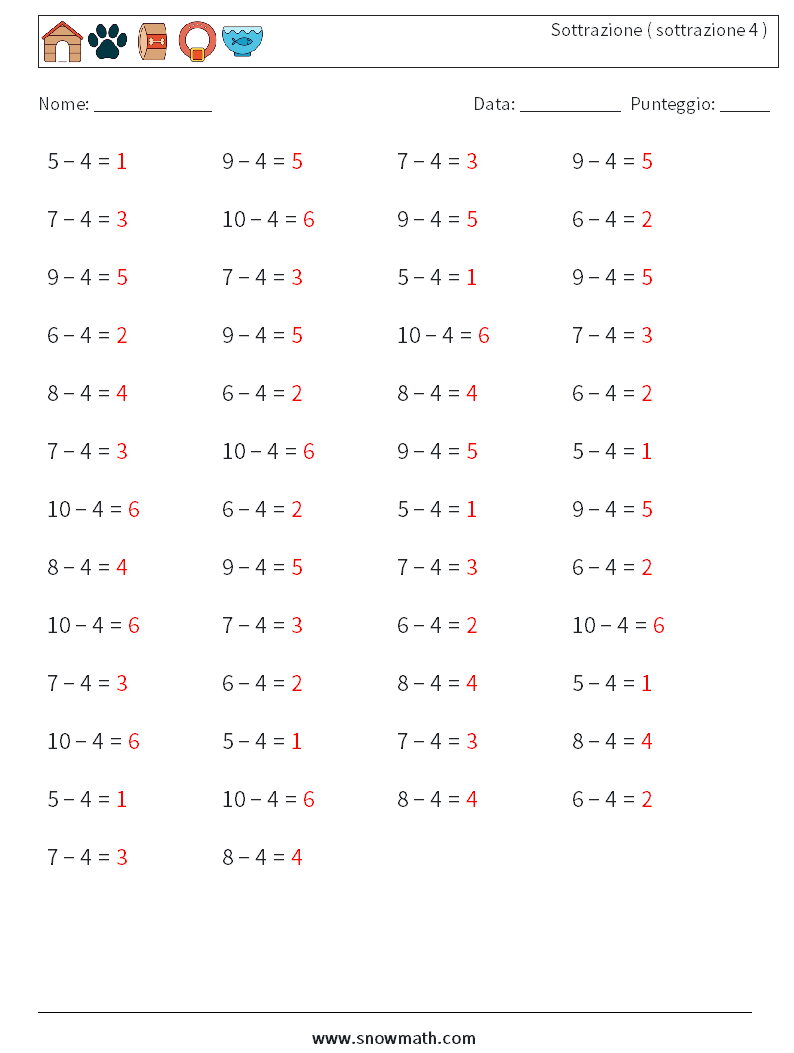 (50) Sottrazione ( sottrazione 4 ) Fogli di lavoro di matematica 4 Domanda, Risposta