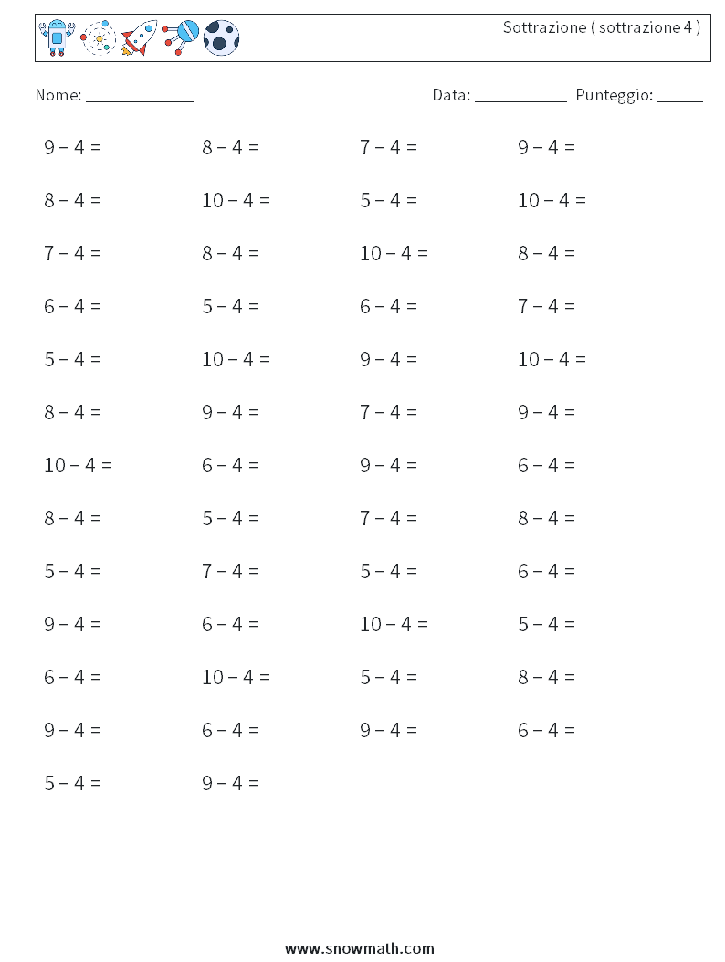 (50) Sottrazione ( sottrazione 4 ) Fogli di lavoro di matematica 5