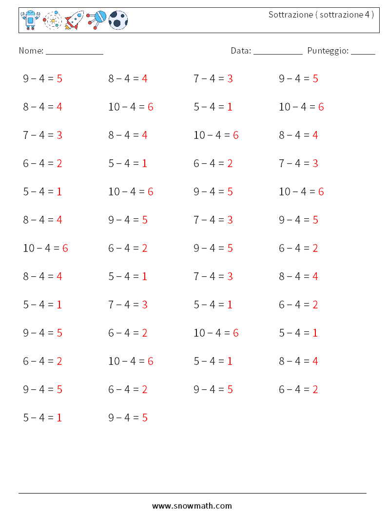 (50) Sottrazione ( sottrazione 4 ) Fogli di lavoro di matematica 5 Domanda, Risposta