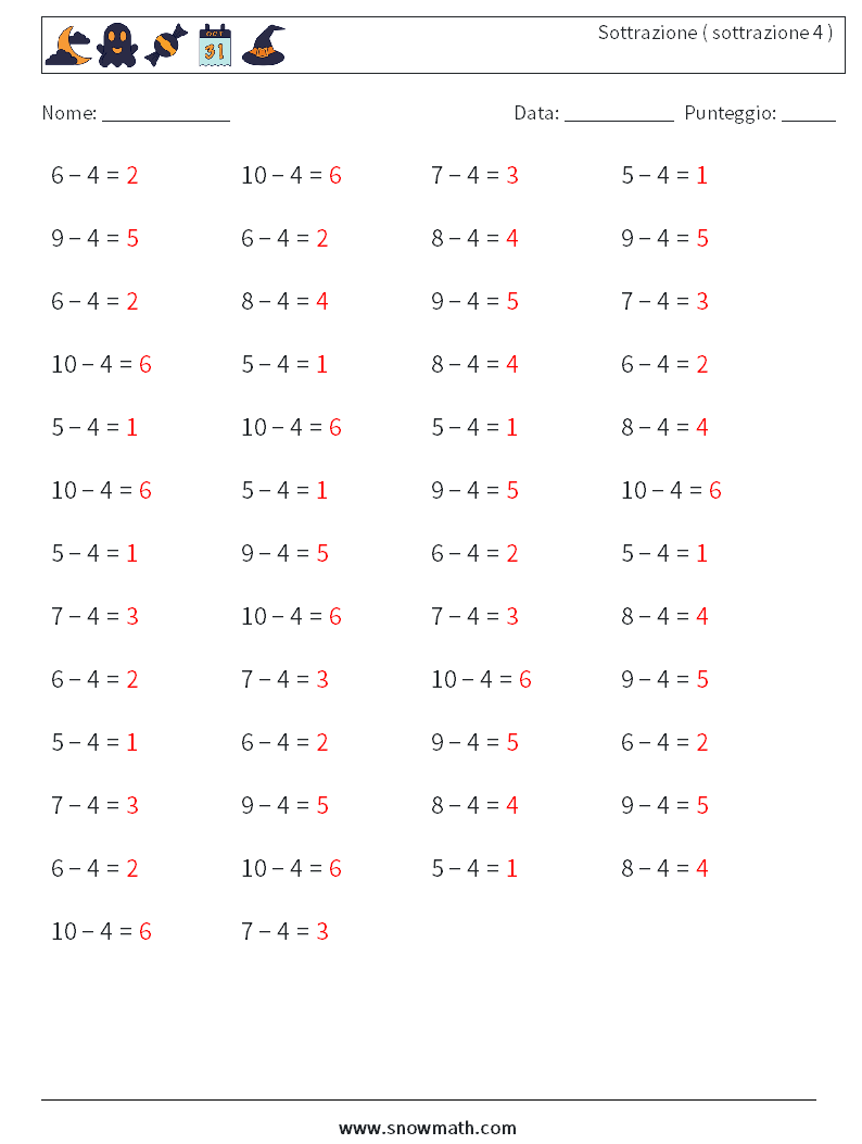 (50) Sottrazione ( sottrazione 4 ) Fogli di lavoro di matematica 8 Domanda, Risposta