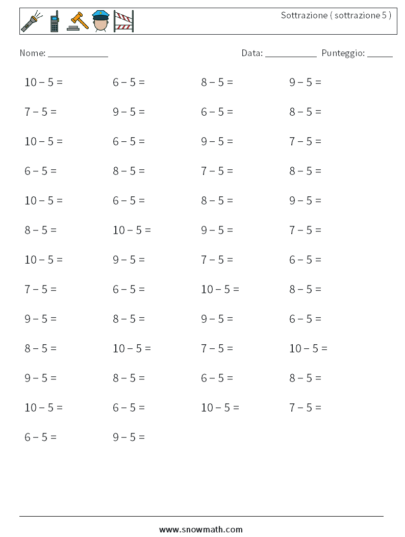 (50) Sottrazione ( sottrazione 5 ) Fogli di lavoro di matematica 2