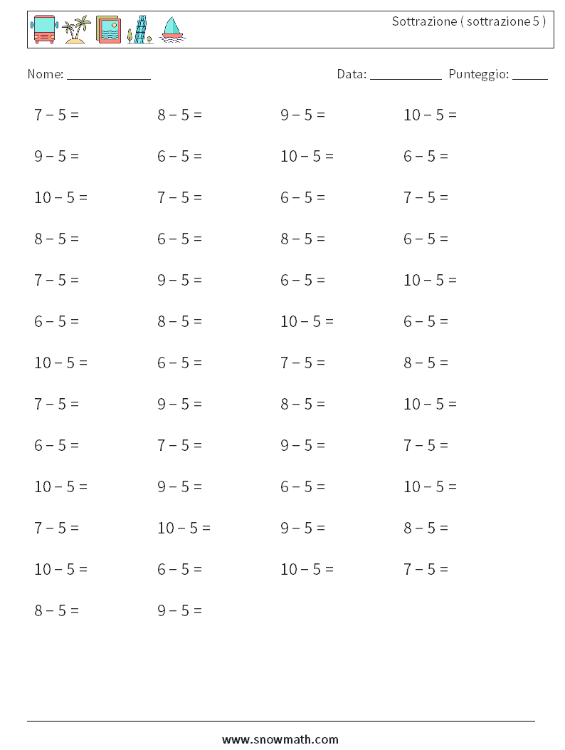 (50) Sottrazione ( sottrazione 5 ) Fogli di lavoro di matematica 3