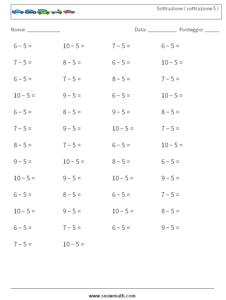 (50) Sottrazione ( sottrazione 5 ) Fogli di lavoro di matematica 5