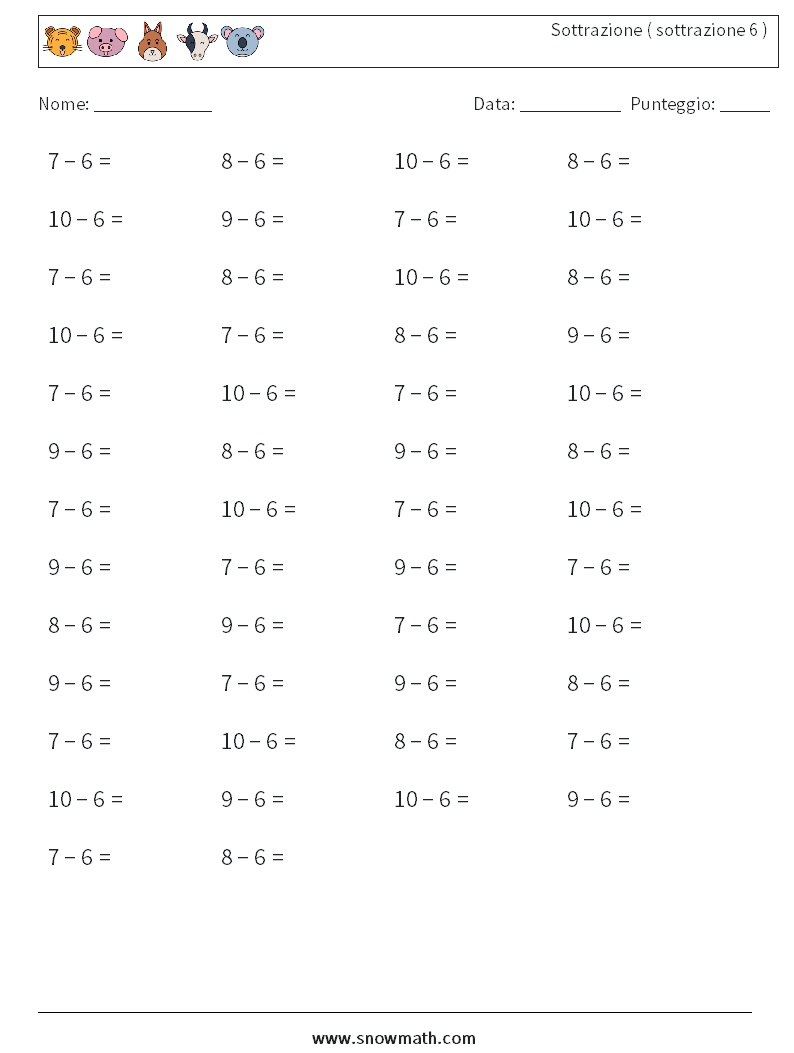 (50) Sottrazione ( sottrazione 6 ) Fogli di lavoro di matematica 1