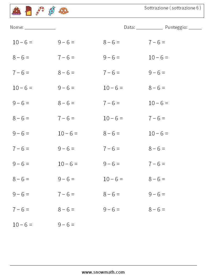 (50) Sottrazione ( sottrazione 6 ) Fogli di lavoro di matematica 3