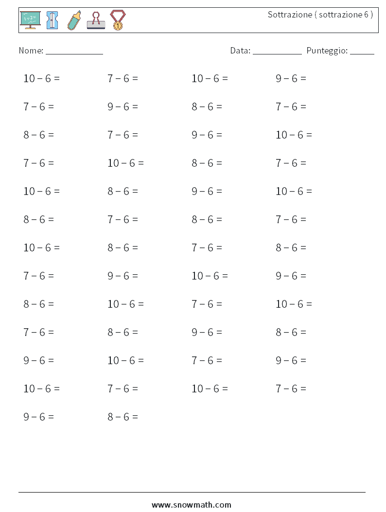 (50) Sottrazione ( sottrazione 6 ) Fogli di lavoro di matematica 7