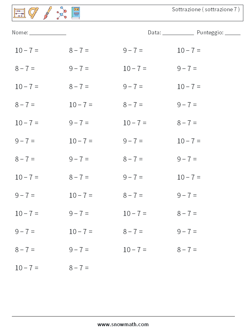 (50) Sottrazione ( sottrazione 7 ) Fogli di lavoro di matematica 3