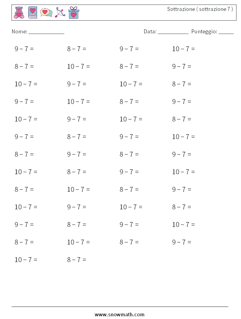 (50) Sottrazione ( sottrazione 7 ) Fogli di lavoro di matematica 7