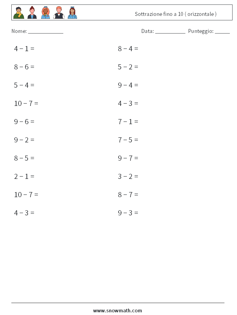 (20) Sottrazione fino a 10 ( orizzontale ) Fogli di lavoro di matematica 1