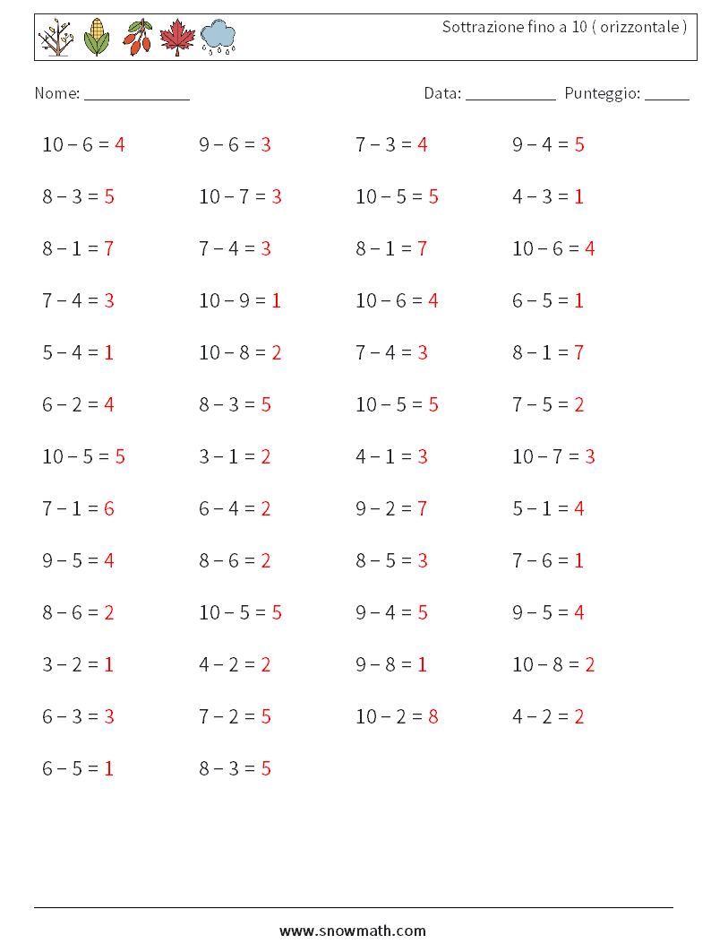 (50) Sottrazione fino a 10 ( orizzontale ) Fogli di lavoro di matematica 1 Domanda, Risposta