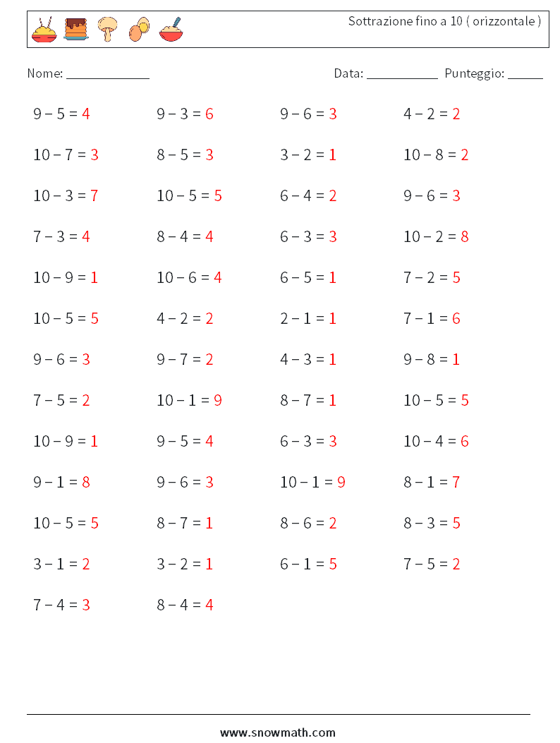 (50) Sottrazione fino a 10 ( orizzontale ) Fogli di lavoro di matematica 5 Domanda, Risposta