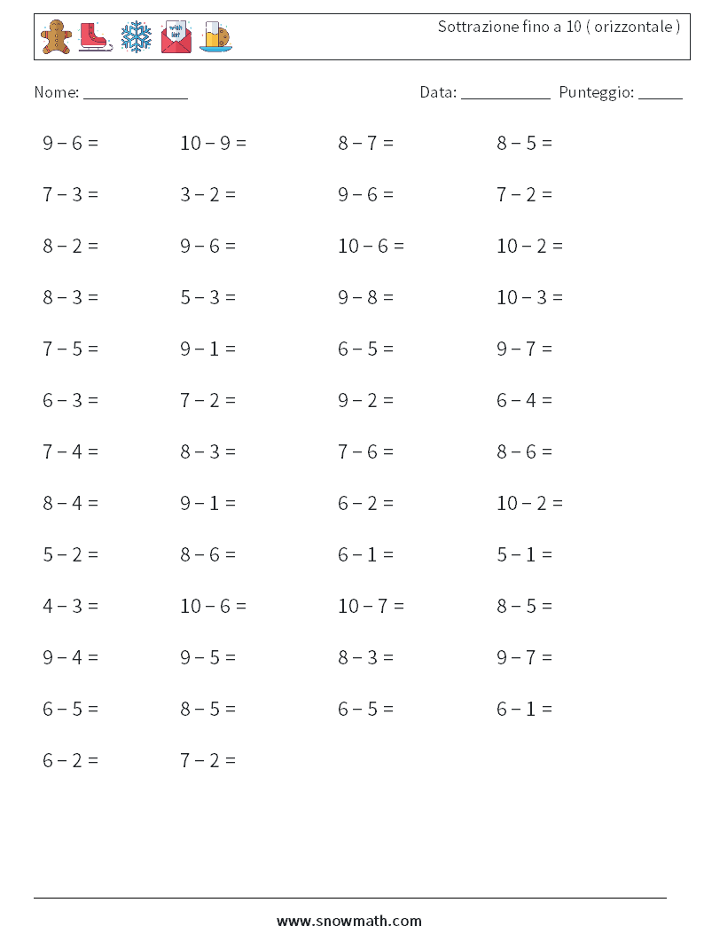 (50) Sottrazione fino a 10 ( orizzontale ) Fogli di lavoro di matematica 6