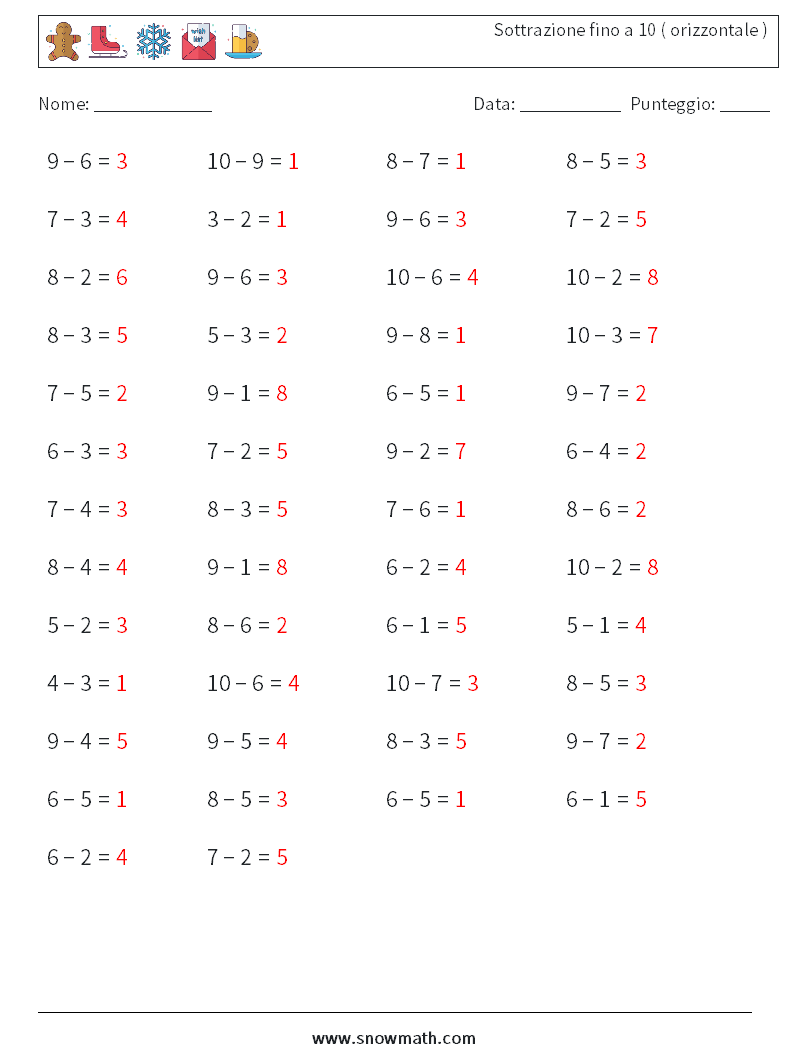 (50) Sottrazione fino a 10 ( orizzontale ) Fogli di lavoro di matematica 6 Domanda, Risposta