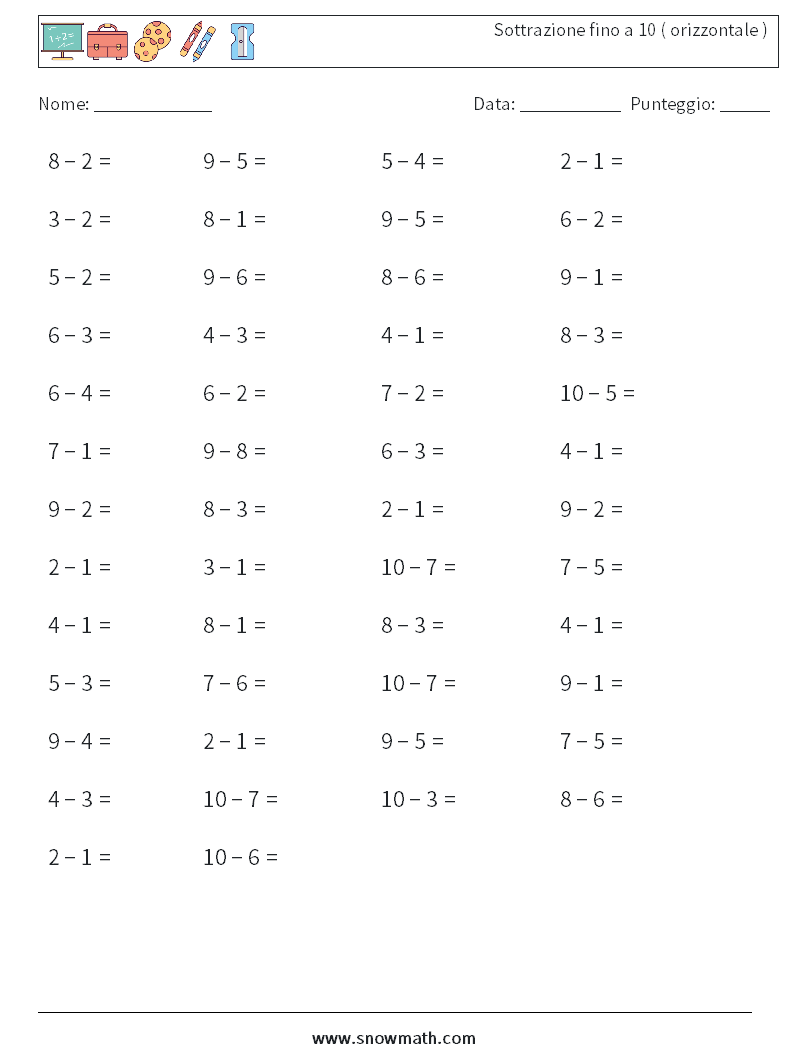 (50) Sottrazione fino a 10 ( orizzontale ) Fogli di lavoro di matematica 8