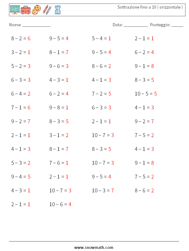 (50) Sottrazione fino a 10 ( orizzontale ) Fogli di lavoro di matematica 8 Domanda, Risposta