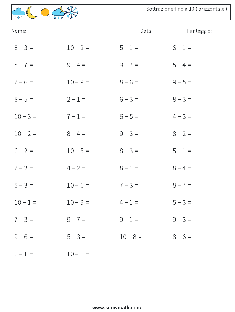 (50) Sottrazione fino a 10 ( orizzontale ) Fogli di lavoro di matematica 9