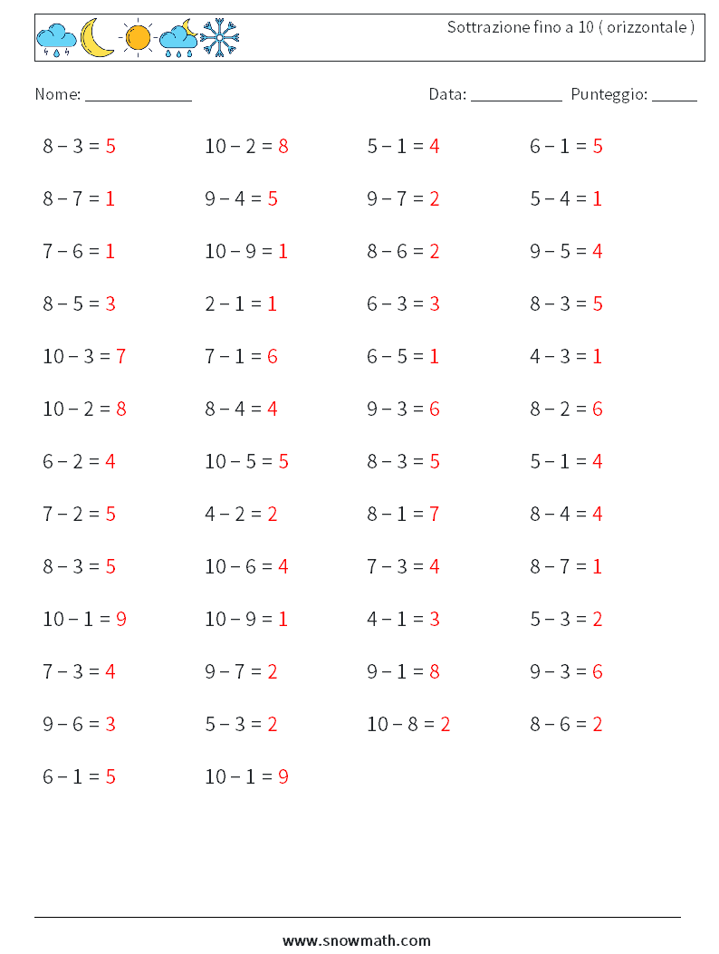(50) Sottrazione fino a 10 ( orizzontale ) Fogli di lavoro di matematica 9 Domanda, Risposta