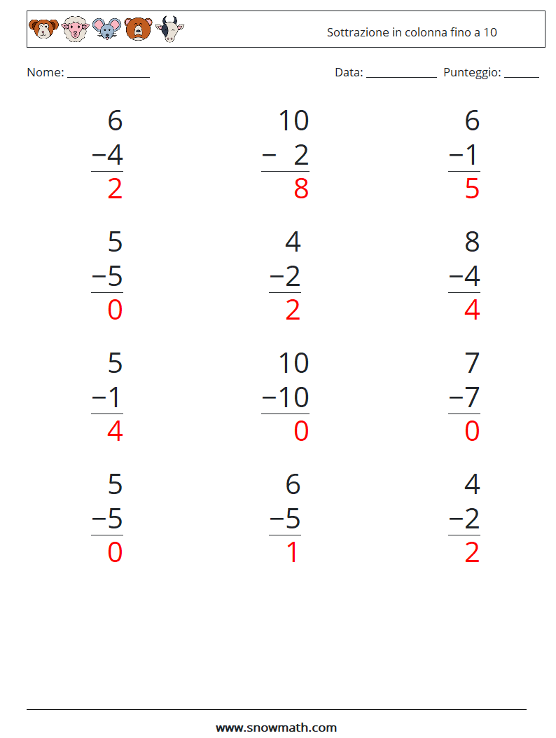 (12) Sottrazione in colonna fino a 10 Fogli di lavoro di matematica 1 Domanda, Risposta