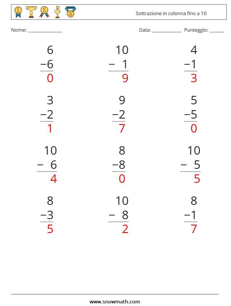 (12) Sottrazione in colonna fino a 10 Fogli di lavoro di matematica 2 Domanda, Risposta