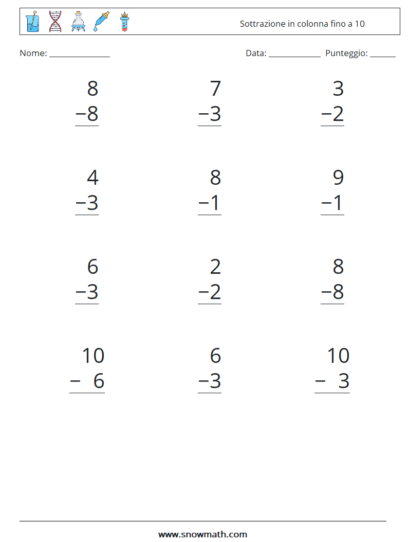 (12) Sottrazione in colonna fino a 10 Fogli di lavoro di matematica 3