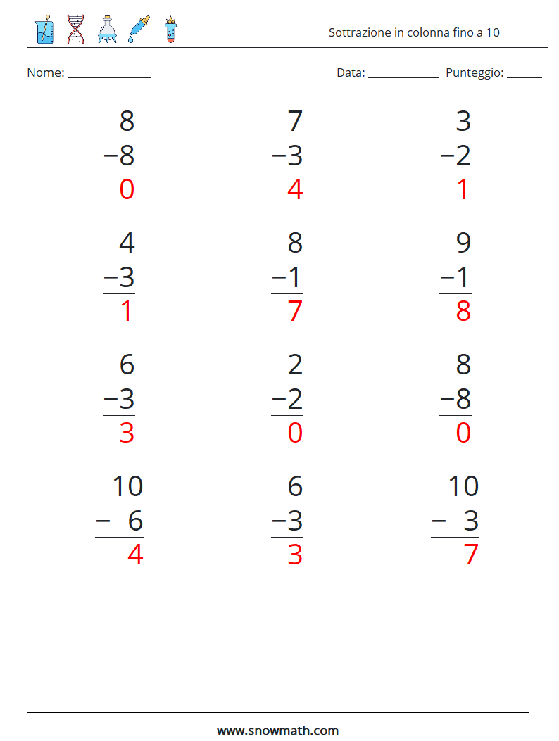 (12) Sottrazione in colonna fino a 10 Fogli di lavoro di matematica 3 Domanda, Risposta