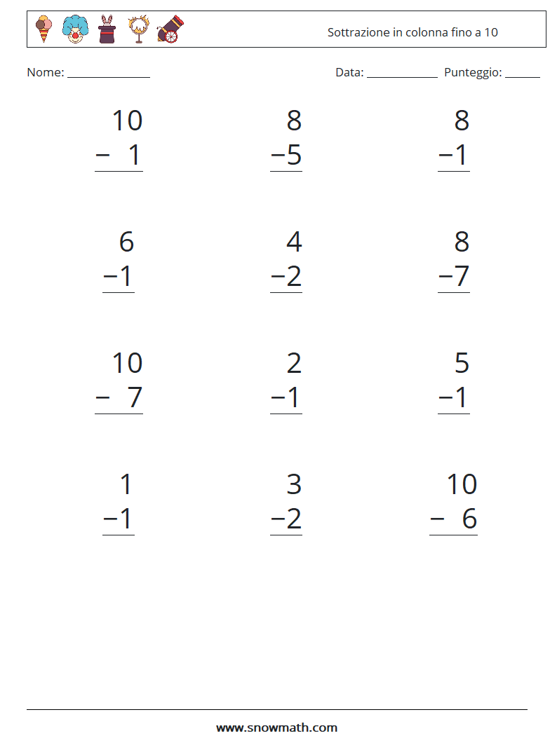 (12) Sottrazione in colonna fino a 10 Fogli di lavoro di matematica 4