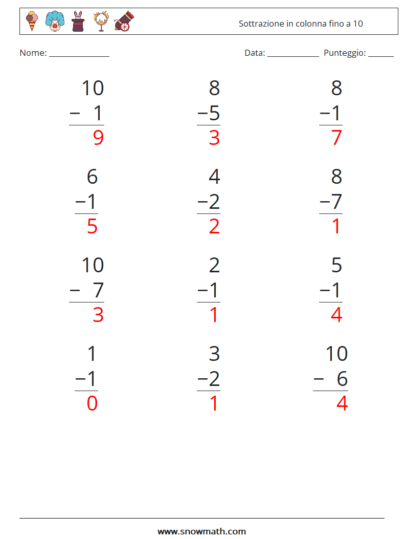 (12) Sottrazione in colonna fino a 10 Fogli di lavoro di matematica 4 Domanda, Risposta