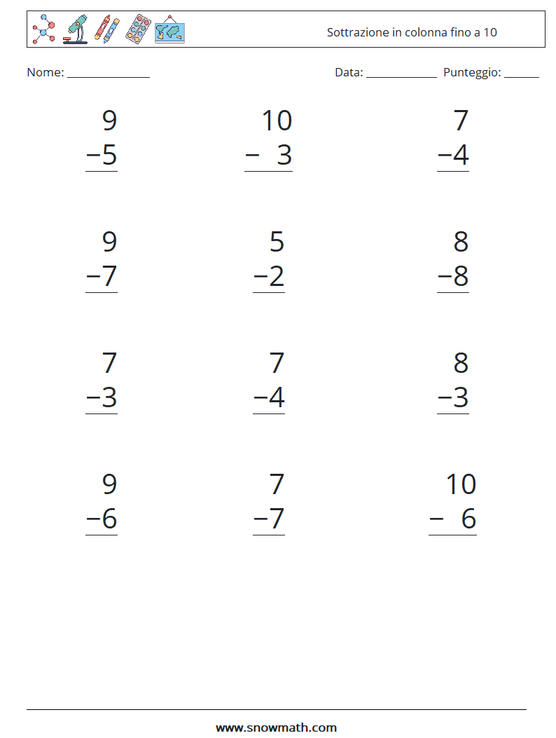 (12) Sottrazione in colonna fino a 10 Fogli di lavoro di matematica 5