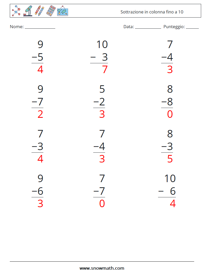 (12) Sottrazione in colonna fino a 10 Fogli di lavoro di matematica 5 Domanda, Risposta