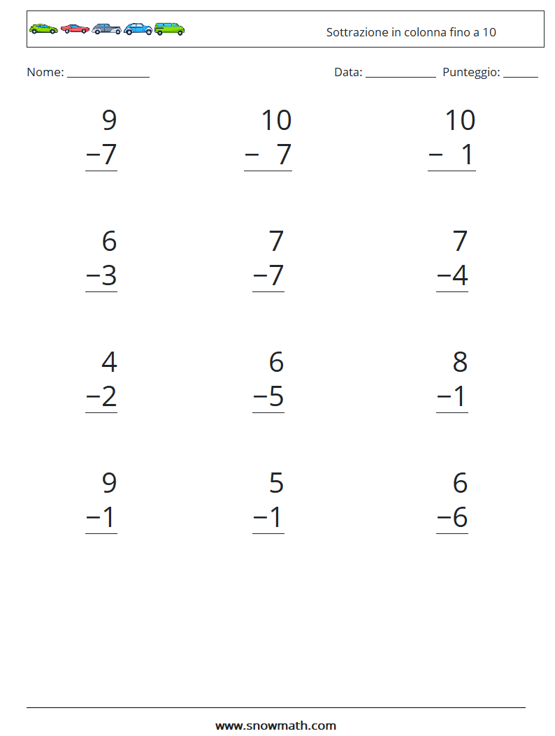 (12) Sottrazione in colonna fino a 10 Fogli di lavoro di matematica 6