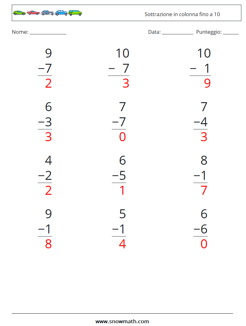 (12) Sottrazione in colonna fino a 10 Fogli di lavoro di matematica 6 Domanda, Risposta