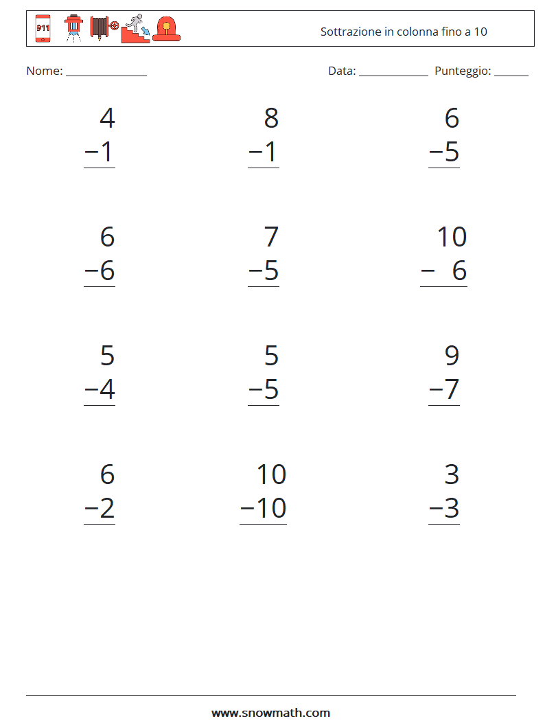 (12) Sottrazione in colonna fino a 10 Fogli di lavoro di matematica 7
