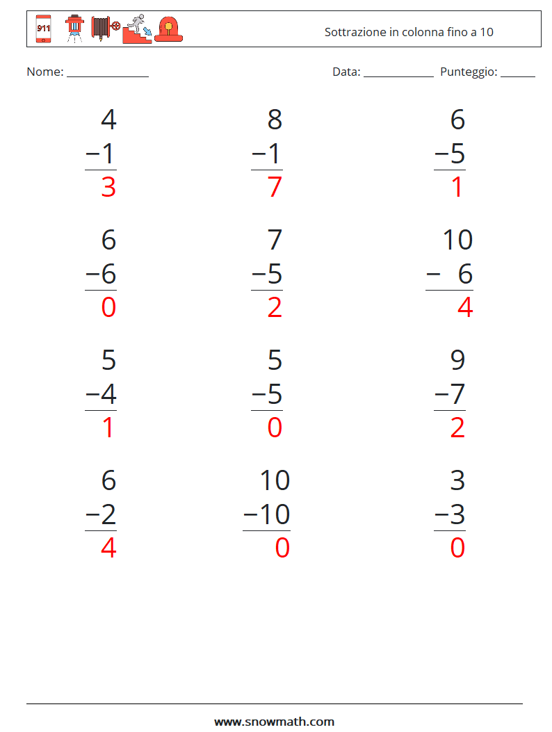 (12) Sottrazione in colonna fino a 10 Fogli di lavoro di matematica 7 Domanda, Risposta