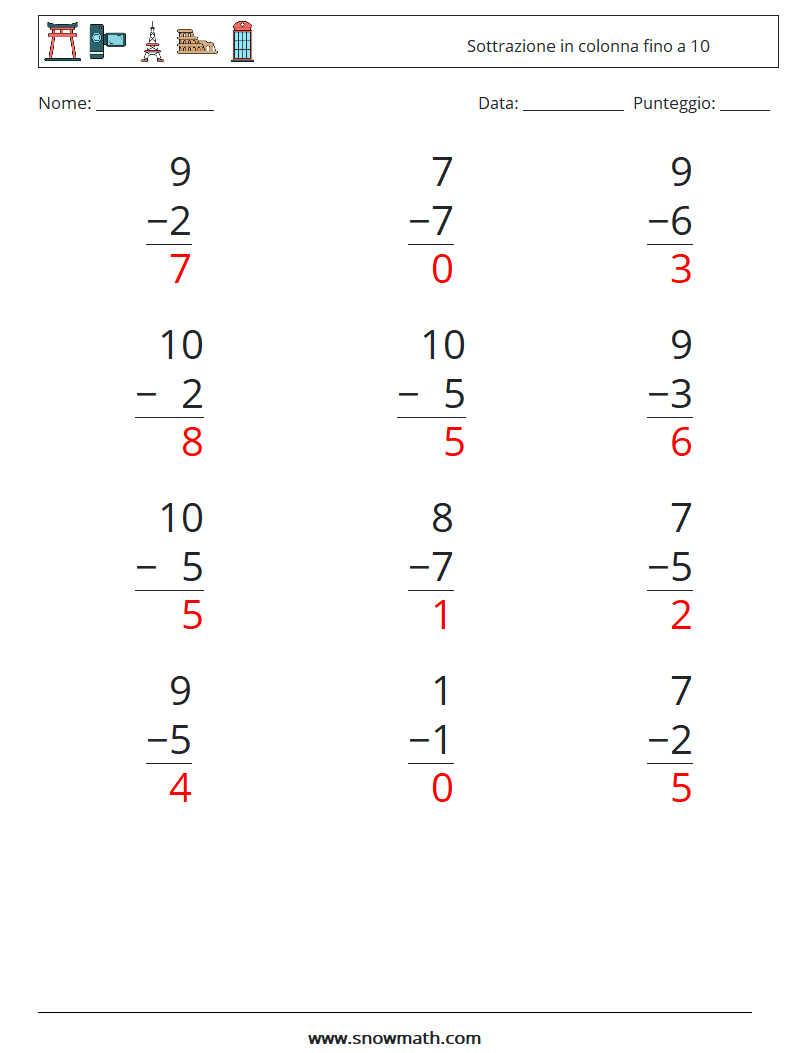 (12) Sottrazione in colonna fino a 10 Fogli di lavoro di matematica 8 Domanda, Risposta