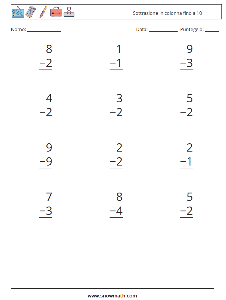 (12) Sottrazione in colonna fino a 10 Fogli di lavoro di matematica 9