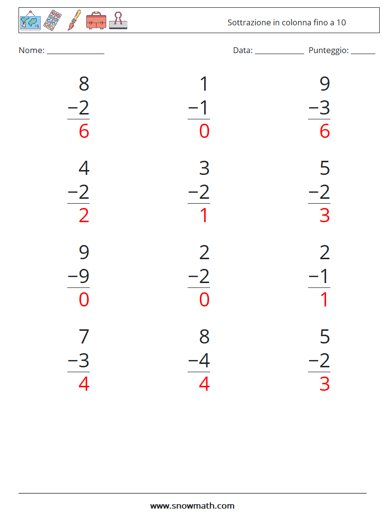 (12) Sottrazione in colonna fino a 10 Fogli di lavoro di matematica 9 Domanda, Risposta