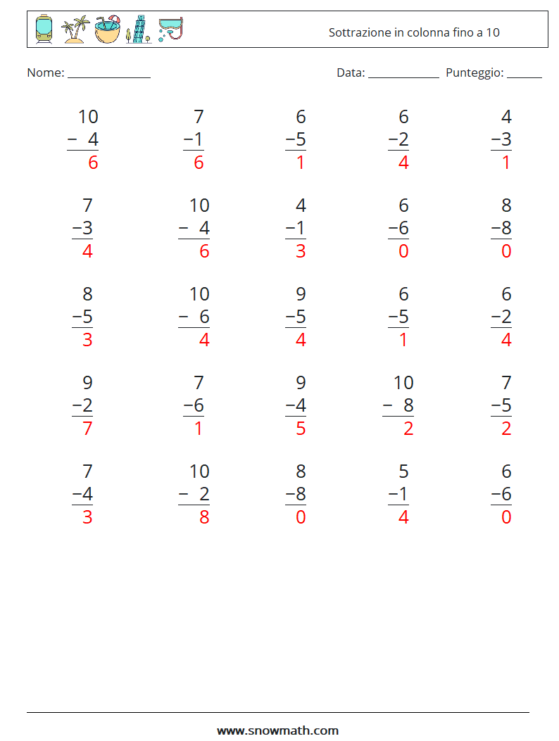 (25) Sottrazione in colonna fino a 10 Fogli di lavoro di matematica 1 Domanda, Risposta