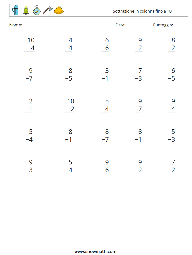 (25) Sottrazione in colonna fino a 10 Fogli di lavoro di matematica 2