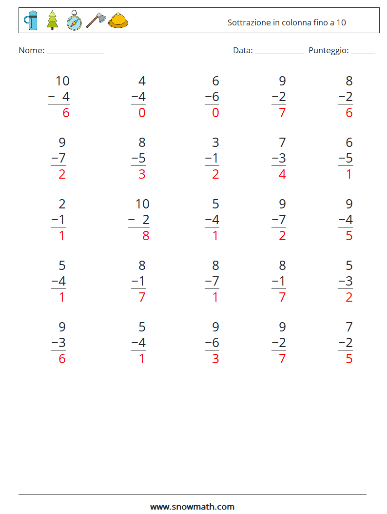 (25) Sottrazione in colonna fino a 10 Fogli di lavoro di matematica 2 Domanda, Risposta