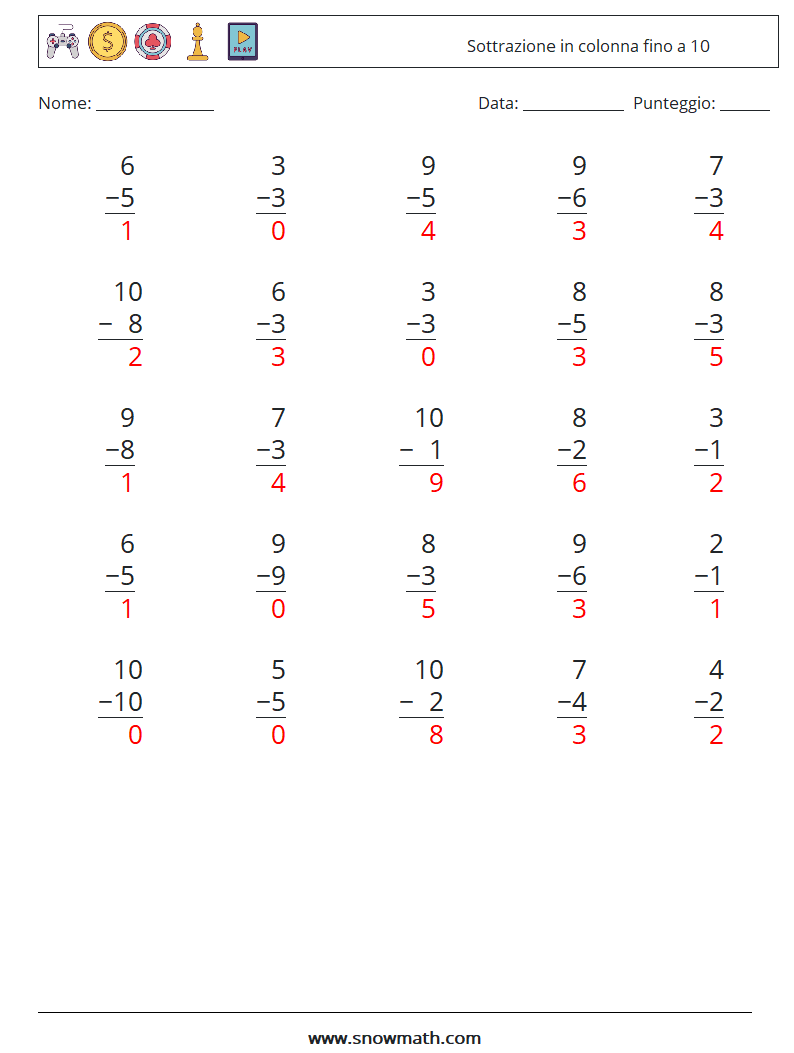 (25) Sottrazione in colonna fino a 10 Fogli di lavoro di matematica 3 Domanda, Risposta