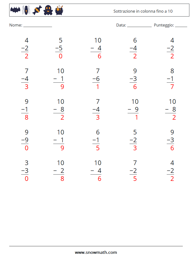 (25) Sottrazione in colonna fino a 10 Fogli di lavoro di matematica 5 Domanda, Risposta