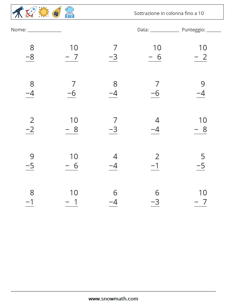 (25) Sottrazione in colonna fino a 10 Fogli di lavoro di matematica 6